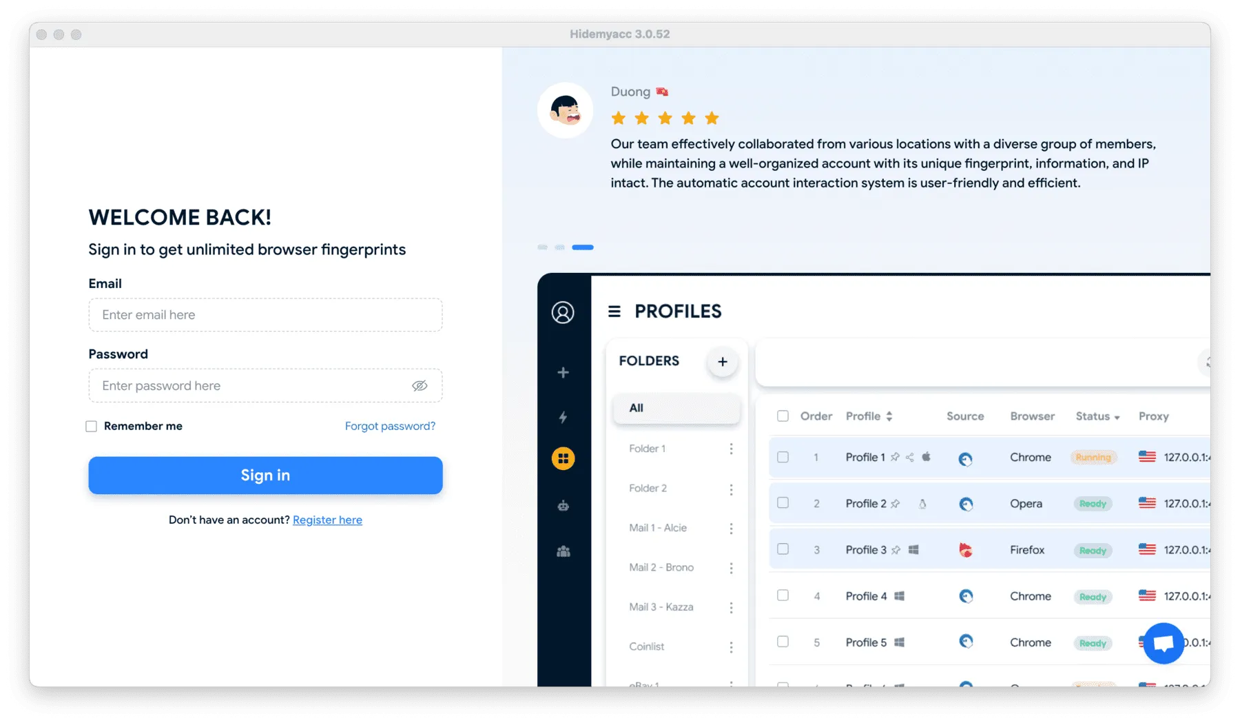 Registration and Interface of the Application Hidemyacc